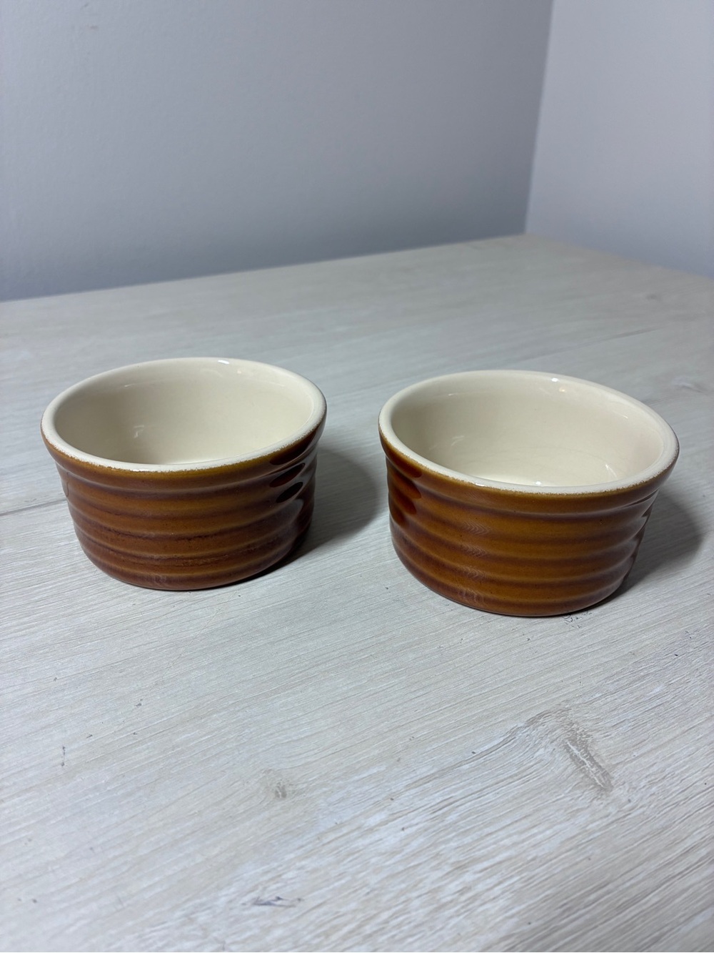 Lot of Two Emile Henry France Ribbed Brown Ceramic Ramekin Souffle Custard Cups